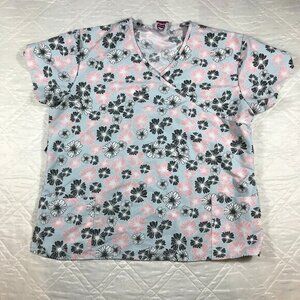 Divine Curves blue pink flowers scrub‎ top size 2X tie back